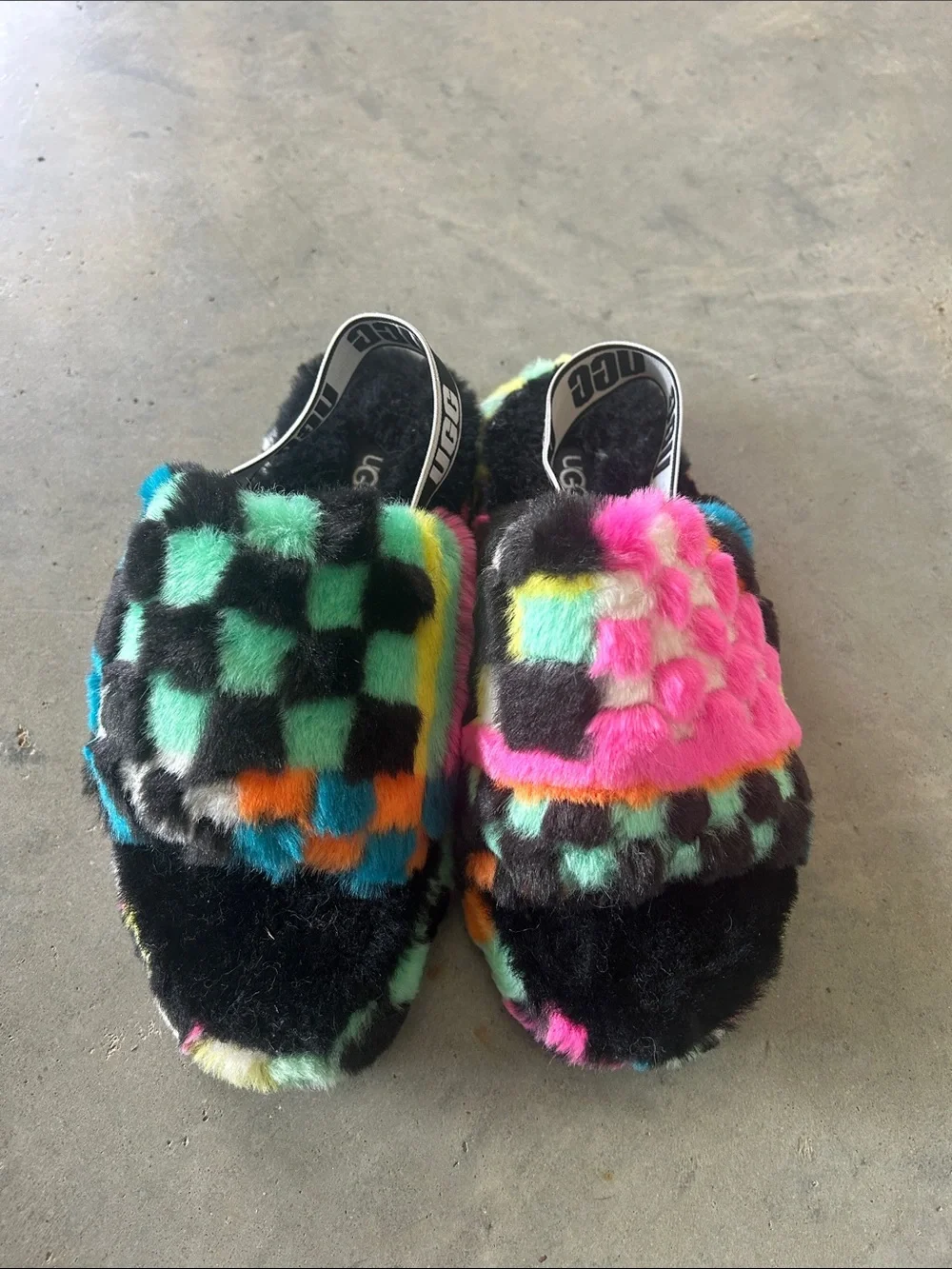 UGG Black Multicolor Checkered Fluff Slides